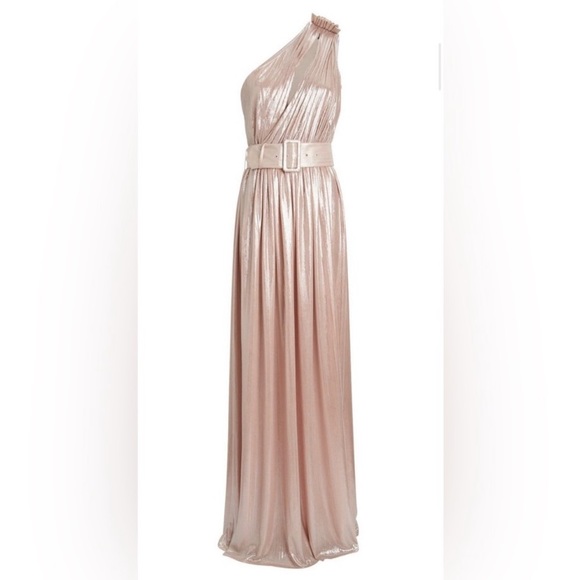 Retrofete Andrea One Shoulder Lamé Gown Metallic Pink Belt Size S NWT *FLAW* - Picture 2 of 14